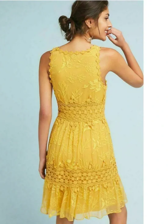 Anthropologie Ranna Gill Veronica Yellow Crochet Lace Floral Dress Size S - Picture 2 of 14